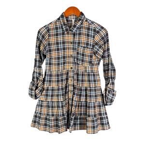 Free People‎ Ruffled Plaid Eternal Sunshine Dress Shirt Brown Orange Womens 0